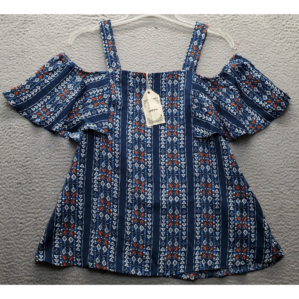 Entro Blouse Top Womens L Multi Geometric Cold-Shoulder Ruffle Sleeve Everyday